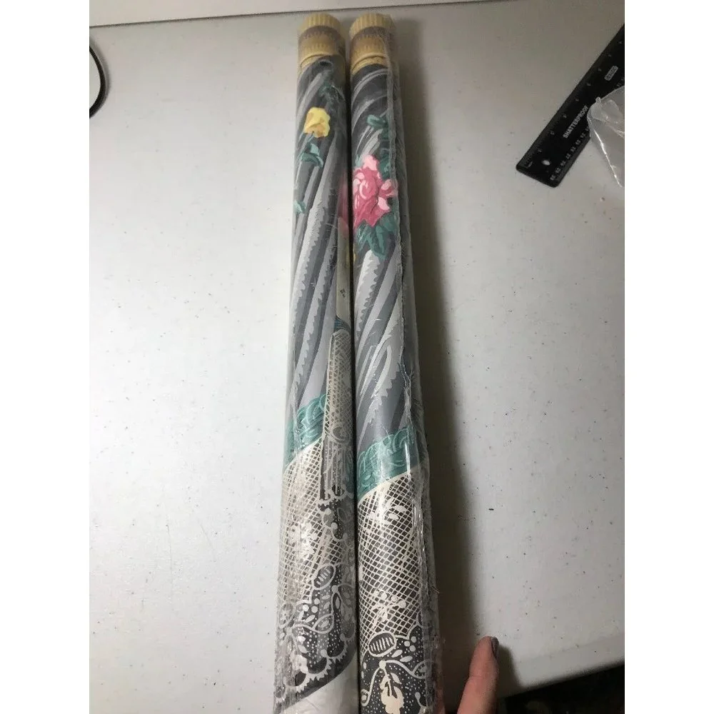 Imperial Wallpaper Prepasted Floral Lace Pink Yellow Gray Lot Of 2 Rolls 5 Yards